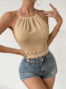 Firerie Top veraniego sin espalda con panel de encaje guipur y halter para mujer - Caqui - Ver 4
