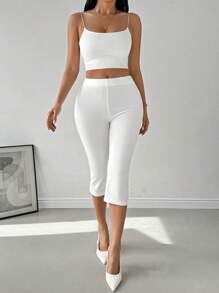 SHEIN Privé Women's Low Waist Capri Flare Pants For Commute, 7/10 Length - White - View 5