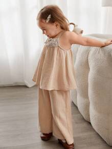 Cozy Pixies Young Girl 2pcs/Set Embroidered Mesh Contrast Color Bowknot Tank Top And Casual Loose Pants For Daily Wear - Apricot - View 4