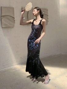 EastFlair 优雅花卉印花拼布美人鱼连衣裙，夏季 - 彩色 - 查看 1