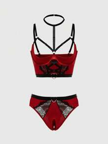 ROMWE Goth Vrouwen Underwire Halternek Beha Tops & Driehoek Slipjes Satijn Lingerieset In , Sexy