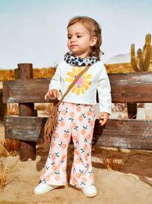 SHEIN 2pcs Baby Girls' Autumn/Winter Yellow Long Sleeve Fun Printed American Western Country Vacation Back To School Sports Cute Daily Casual Outfits - Multicolor - View 1