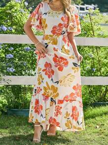 Breezaya Women's French Floral Printed Ruffled Short Sleeve Round Neck Dress Maxi Vacation Beach Outfit - Multicolor - View 6