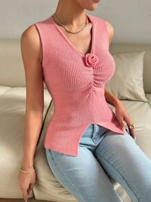 SHEIN LUNE Women's Solid Color 3D Flower Sleeveless Pleated Knitted Top, Daily Casual - Pink - View 6