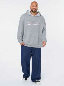 Manfinity VCAY Men's Plus Size Casual Knitted Loose Fit Drop Shoulder Long Sleeve Academia Nice Hoodie With Embroidered Letter Pattern And Raw-Edge Hem, Suitable For Daily Wear, For Fall Winter - Grey - View 5