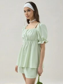 COSMINA Women's Solid Color Puff Sleeve Casual Summer Shirt