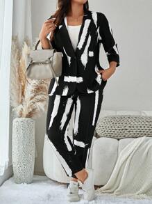 SHEIN LUNE Conjunto de ropa de mujer con chaqueta y pantalones estampados en blanco y negro con grafiti, ropa de invierno, conjunto de negocios casuales, blusa de trabajo, blusa de negocios, talla grande - Blanco y Negro - Ver 6