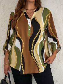 EMERY ROSE 大码女式缺口领单排扣印花休闲长袖秋季衬衫 - 彩色 - 查看 6