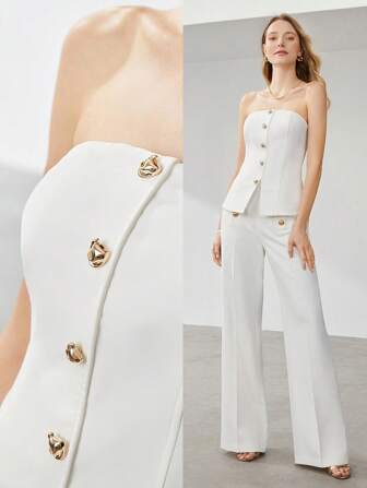 SHEIN x PRISCILA & JIMENA MOTF PREMIUM STRAPLESS BUTTON TUBE TOP