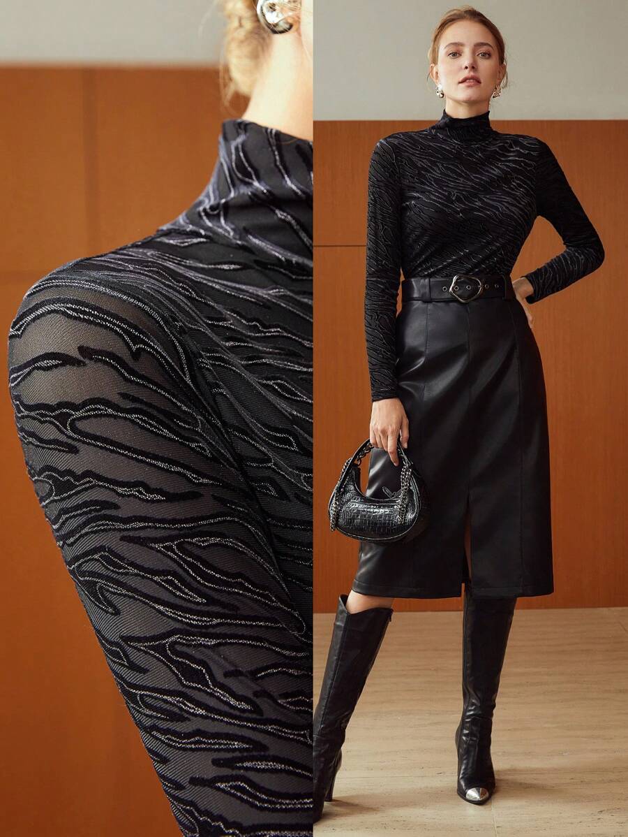 MOTF PREMIUM 修身高領條紋 T 卹 - 黑色 - 查看 1