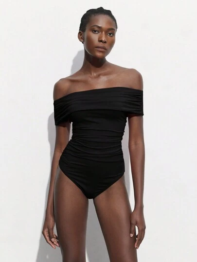 Maija Draped Black Bodysuit, Form-Fitting Party Outfit For Women, Versatile For Spring/Summer,Off The Shoulder Top,Autumn Outfits For Women  St Patrick's Day Women Easter Summer Outfits Easter Dress Women Party Top Beach Dress Summer Holiday Outfits Each Vacation Outfits For Women  Summer Outfit For Women Going Out Outfits Graduation Graduation Outfit  Casual Dresses  Casual Blouses For Women