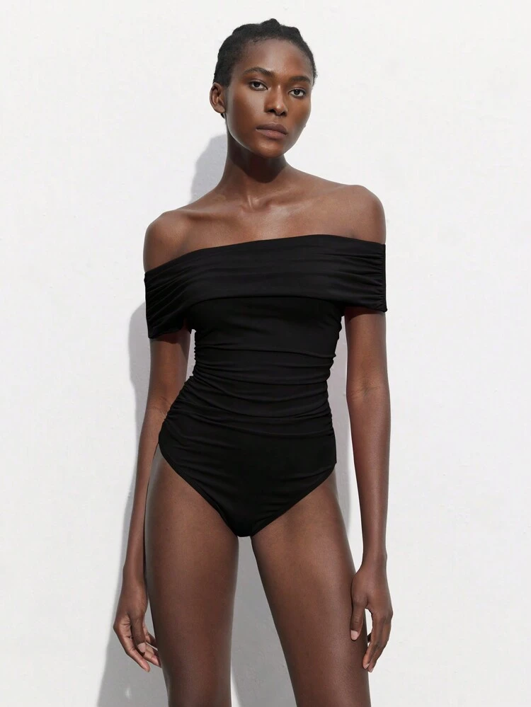 SHEIN Maija Draped Black Bodysuit, Form-Fitting Party Outfit For Women, Versatile For Spring/Summer,Off The Shoulder Top,Autumn Outfits For Women  St Patrick's Day Women Easter Summer Outfits Easter Dress Women Party Top Beach Dress Summer Holiday Outfits Each Vacation Outfits For Women  Summer Outfit For Women Going Out Outfits Graduation Graduation Outfit  Casual Dresses  Casual Blouses For Women