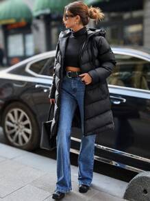 EURMUSE Lonk Line Puffer Down Coat Jacket, Side Zip Detailed, Hooded, Waterprof - Black - View 6