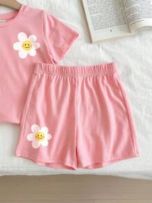 SHEIN Young Girl Cute Girl, Casual Face & Flower Printed Short Sleeve T-Shirt And Shorts 2pcs Set, Suitable For Summer Girls Short Setsbaby Summer Set