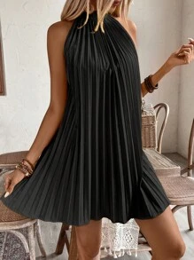 Breezaya Halter Off-Shoulder  Pleated Holiday Casual Dress Vacation Beach Outfits Women - Black - View 5