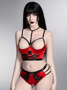 ROMWE Goth Vrouwen Underwire Halternek Beha Tops & Driehoek Slipjes Satijn Lingerieset In , Sexy