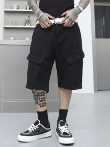 Manfinity EMRG Pantalones cortos de mezclilla para trabajar de unicolor y estilo casual para hombre de verano - Negro - Ver 3