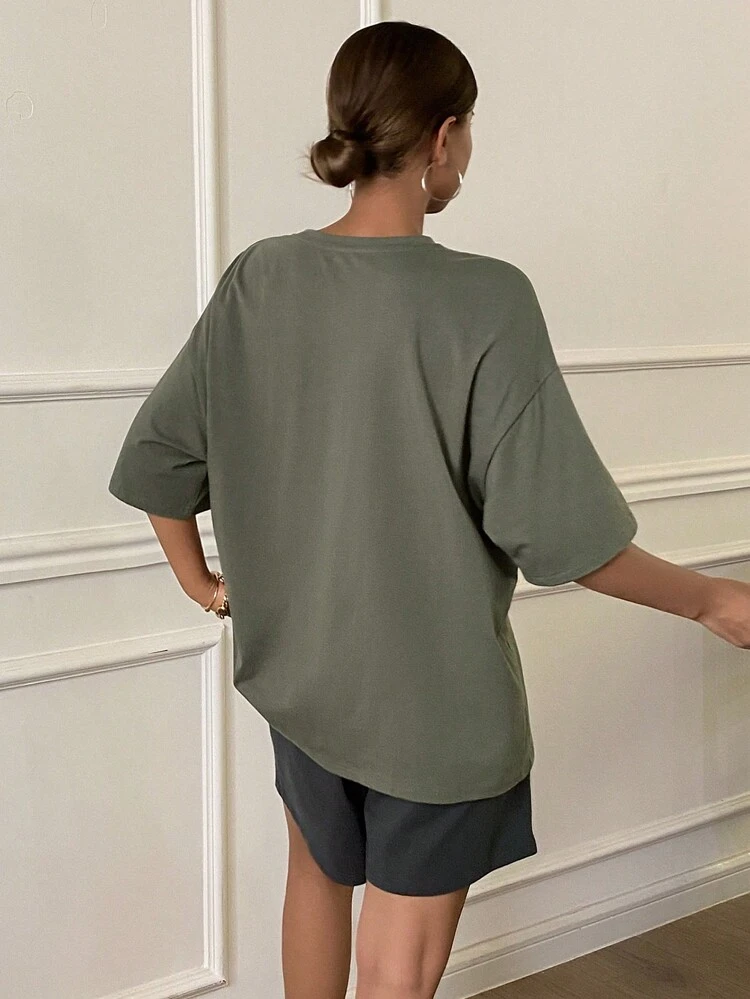 Loose Short Sleeve T-Shirt And Shorts Set With Letter Print, Simple Homewear Pajama