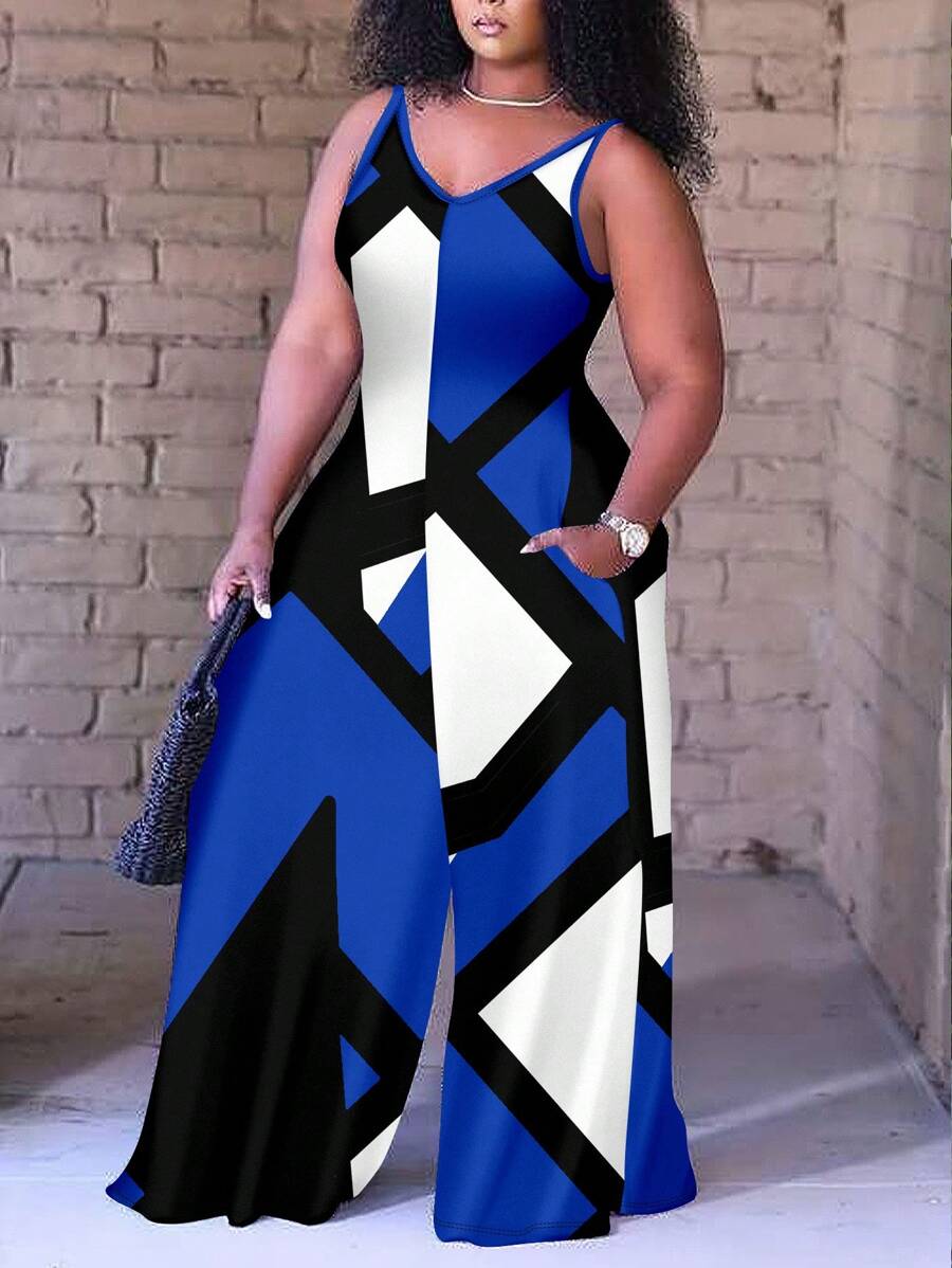 Slaydiva Bộ áo liền quần có dây đeo rộng có họa tiết hình học dáng rộng thông thường cho mùa hè - Màu xanh lam - Xem 1