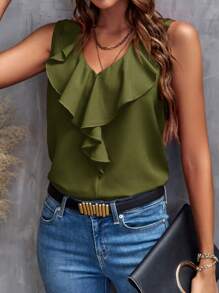 SHEIN Clasi Women's Solid Color Summer Sleeveless V-Neck Blouse