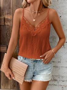 SHEIN Frenchy Solid Color Lace Hem Camisole Top For Vacation & Leisure Christmas Summer - Redwood - View 3