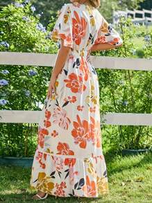 Breezaya Women's French Floral Printed Ruffled Short Sleeve Round Neck Dress Maxi Vacation Beach Outfit - Multicolor - View 2