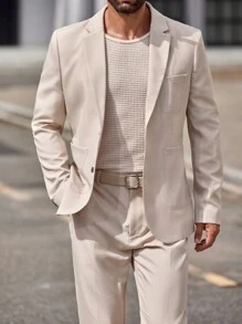 Manfinity VCAY Conjunto de 2 piezas de traje entallado para hombre tejido, que incluye chaqueta de 2 botones y pantalones rectos, adecuado para la primavera/verano - Albaricoque - Ver 5