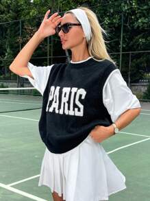 EURMUSE Women Paris Texted Brushed Yarn Sweater West - Black and White - View 1