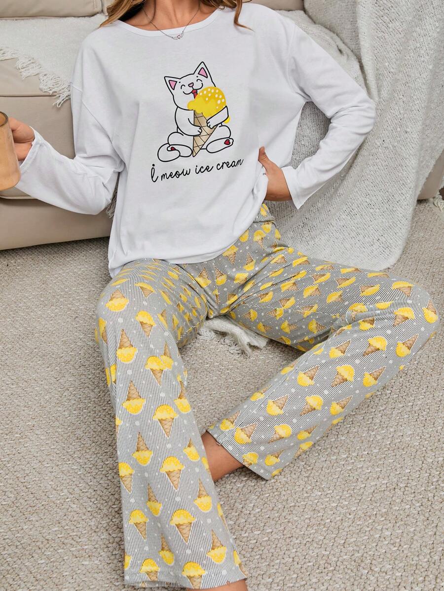 RueChic 2Pcs Cotton Ice Cream Printed White Top & Pants PJ Set - White - View 1