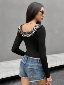 SHEIN EZwear Women's Fashion Leopard Patchwork Slim Fit Cropped T-Shirt With Ruffled Hem, Spring/Summer - Black - View 3