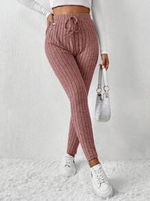 SHEIN Frenchy Casual Plain Ribbed Knit Leggings Winter Thanks Giving Pink