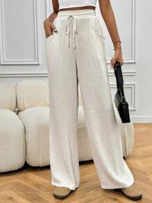 SHEIN Frenchy Quần ống đứng có dây rút eo - Màu be - Xem 4