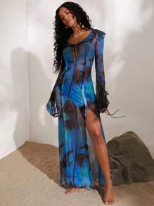 Opulessa Women's Holiday Floral Mesh Print Dress - Blue - View 5