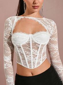 SHEIN BAE 女士蕾丝透视泡泡袖短款上衣，优雅性感露背修身衬衫，适合海滩、派对、约会之夜 - 白色 - 查看 6