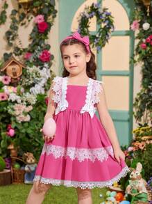 SHEIN Leap Crew Young Girl Lovely Princess Style Square Neckline Dress Decorated With Bowknot And Lace, With Bowknot Headband, 2pcs/Set - Hot Pink - View 4