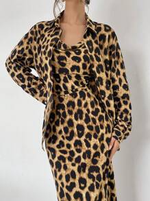SHEIN Essnce 2pcs Women Leopard Print Shirt & Dress Suit Set, Autumn Outfit, Female Apparel, Leopard Pattern Clothing, 2-Piece Set, Ladies Office Suit, Long Sleeve Shirt, Leopard Print