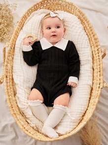 SHEIN Newborn Baby Black Knit White Square Collar Bodysuit, Daily, Casual, Cute, Elegant, Gorgeous, Fall/Winter - Multicolor - View 5