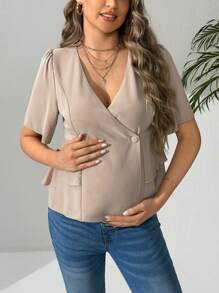 SHEIN 孕婦v領假扣短袖純色休閒襯衫 - 卡其色 - 查看 4