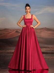 Glamrae Elegant Wide Strap Square Neckline Bra Cup High-Waisted Sheer Mesh Contrast Hollow Out Extra Large Hemline Train Dress, Perfect For Dating, Singles Party, Wedding, Event, Heavy-Duty Formal Dinner, Evening Prom Wedding Guest Gown, For Graduation - Rose Red - View 6