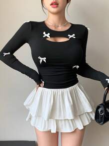 DAZY Áo thun nữ dài tay ôm sát có nơ trang trí mùa thu mới - màu đen - Xem 4