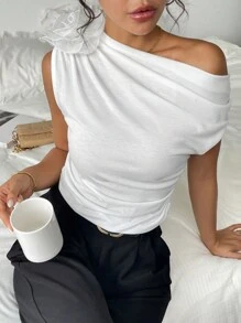 Chiquease 1 Áo thun nữ 3D thời trang xếp nếp một bên vai, màu trắng - trắng - Xem 4