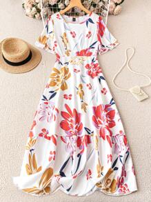 Breezaya Women's French Floral Printed Ruffled Short Sleeve Round Neck Dress Maxi Vacation Beach Outfit - Multicolor - View 3