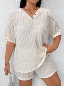 SHEIN Unity Plus Drop Shoulder Hooded Tee & Shorts For Summer - Apricot - View 5