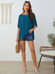 EMERY ROSE Camiseta casual de manga murciélago de unicolor para mujer de vacaciones