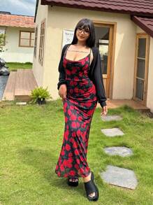 Flirla Robe à fines bretelles slim à imprimé floral mode grande taille et gilet à manches longues de couleur unie 2 pièces/set - Noir - Voir 6
