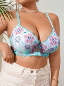 SHEIN Plus Size Women's Floral Embroidery Mesh Bralette & Bra Wireless - Mint Green - View 5