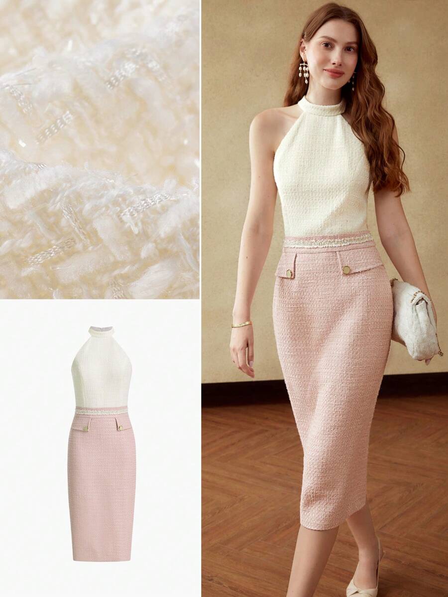 MOTF PREMIUM 双色挂脖花呢连衣裙