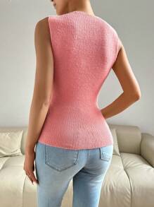 SHEIN LUNE Women's Solid Color 3D Flower Sleeveless Pleated Knitted Top, Daily Casual - Pink - View 2