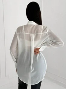 SHEIN SXY Simple Minimalist Commute Chiffon Loose Wet Look Semi-Transparent Shirt - White - View 2