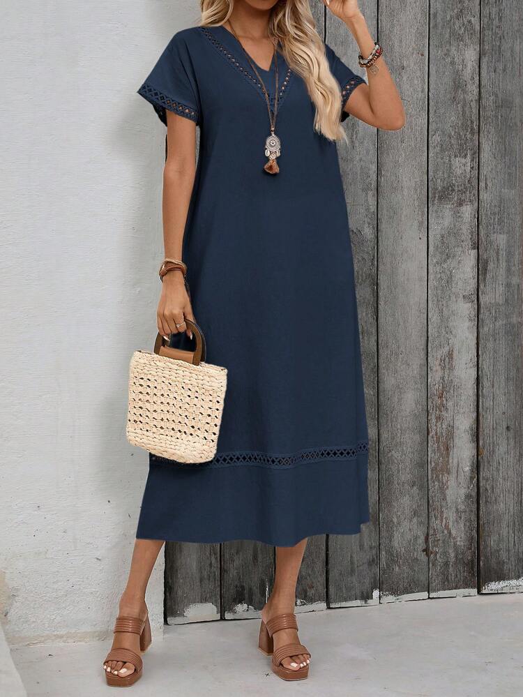 Women's Linen Dress, Casual, Modern, Outdoors, Summer, Long Dress, V-Neck, Patchwork Short Sleeve
